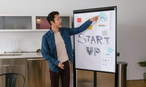 Man presenting a startup plan on a whiteboard in a modern office setting.